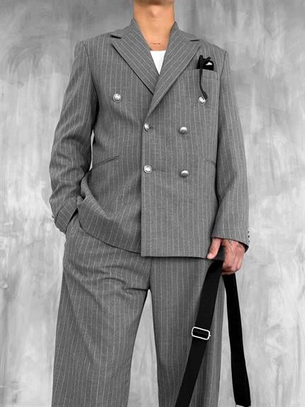 Erkek Çizgili Oversize Kruvaze Takım Elbise Gri