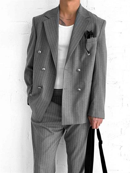 Erkek Çizgili Oversize Kruvaze Takım Elbise Gri
