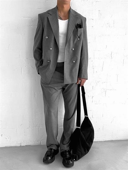 Erkek Çizgili Oversize Kruvaze Takım Elbise Gri
