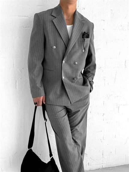 Erkek Çizgili Oversize Kruvaze Takım Elbise Gri