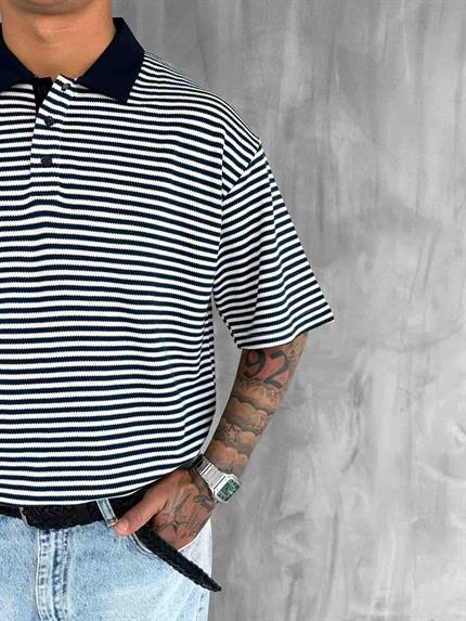 Erkek Çizgili Polo Yaka Oversize T-Shirt Lacivert