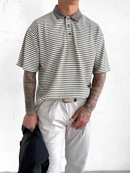Erkek Çizgili Polo Yaka Oversize T-Shirt Kahve
