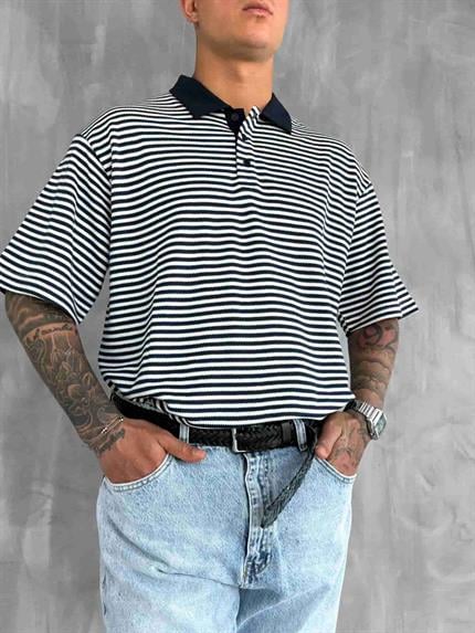 Erkek Çizgili Polo Yaka Oversize T-Shirt Lacivert