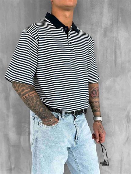 Erkek Çizgili Polo Yaka Oversize T-Shirt Lacivert