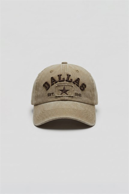 Erkek Dallas Yıldız Nakışlı Yıkamalı Beyzbol Şapka Bej