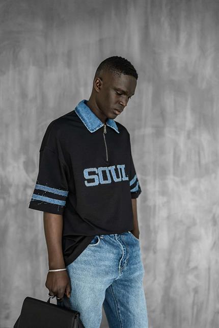Erkek Denim Polo Yaka Yarım Fermuarlı Oversize T-Shirt Siyah