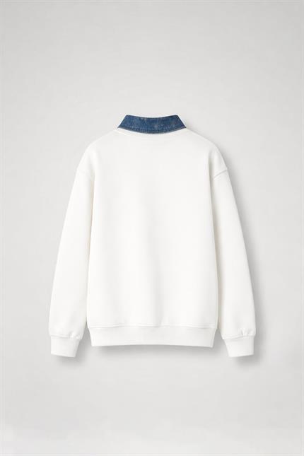 Erkek Denim Polo Yaka Yarım Fermuarlı Oversize Sweatshirt Beyaz