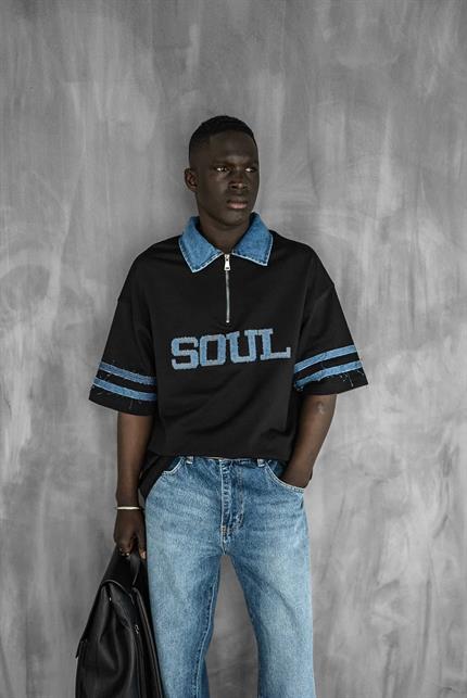 Erkek Denim Polo Yaka Yarım Fermuarlı Oversize T-Shirt Siyah