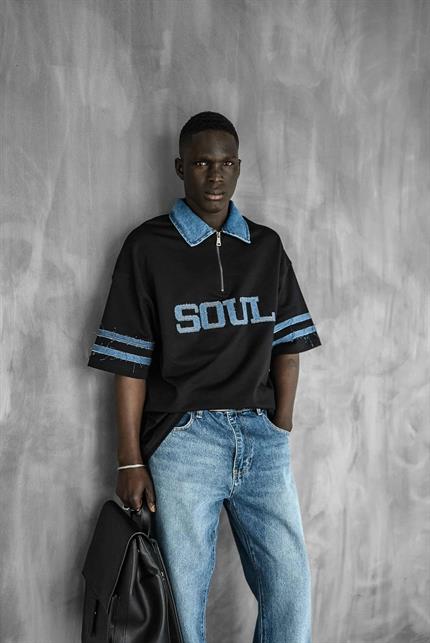 Erkek Denim Polo Yaka Yarım Fermuarlı Oversize T-Shirt Siyah