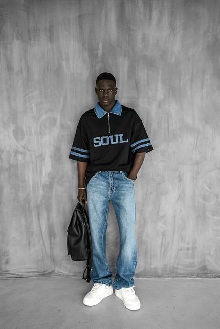 Erkek Denim Polo Yaka Yarım Fermuarlı Oversize T-Shirt Siyah