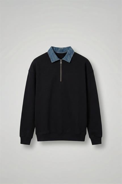Erkek Denim Polo Yaka Yarım Fermuarlı Oversize Sweatshirt Siyah