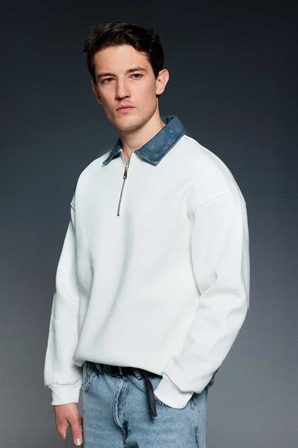 Erkek Denim Polo Yaka Yarım Fermuarlı Oversize Sweatshirt Beyaz