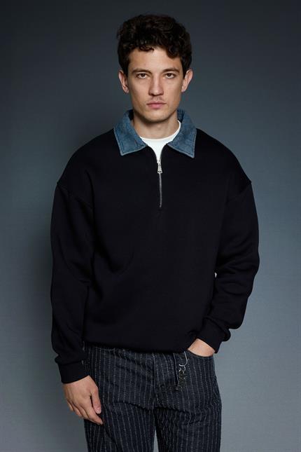Erkek Denim Polo Yaka Yarım Fermuarlı Oversize Sweatshirt Siyah
