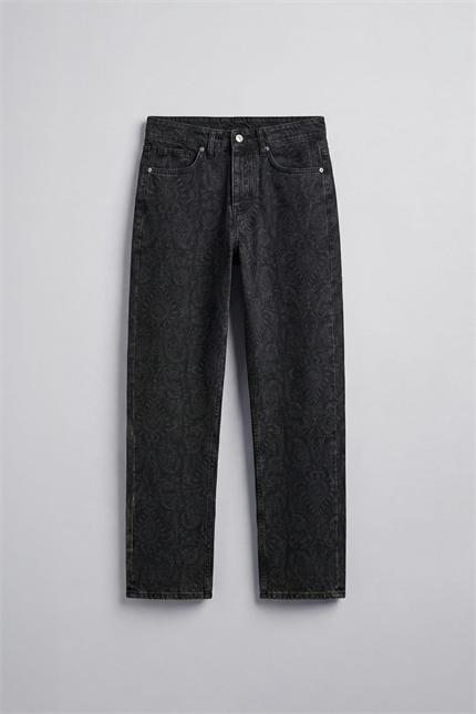 Erkek Desenli Baggy Fit Jean Siyah