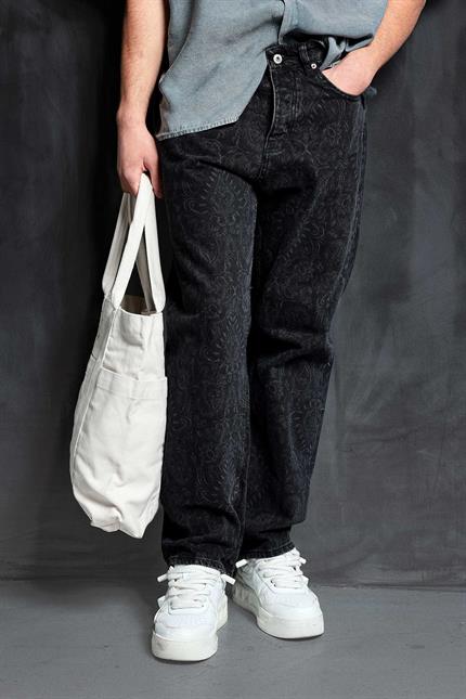Erkek Desenli Baggy Fit Jean Siyah