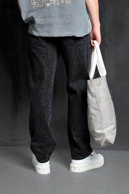 Erkek Desenli Baggy Fit Jean Siyah