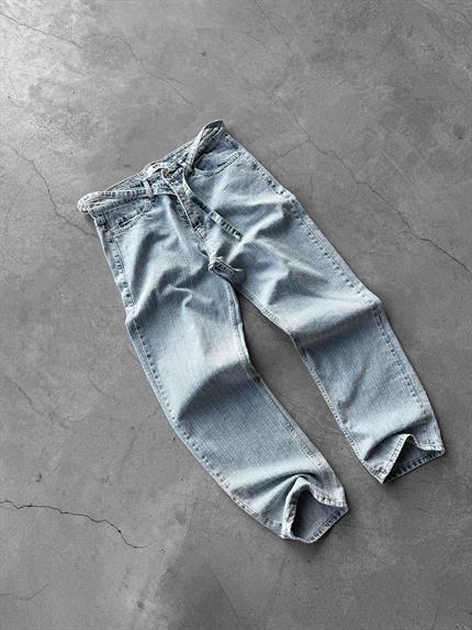 Erkek Desenli Kemer Detaylı Baggy Fit Jean Mavi