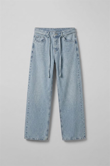 Erkek Desenli Kemer Detaylı Baggy Fit Jean Mavi