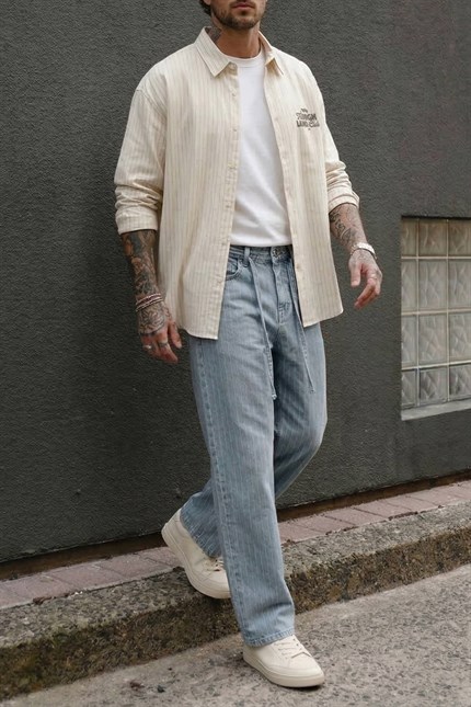 Erkek Desenli Kemer Detaylı Baggy Fit Jean Mavi