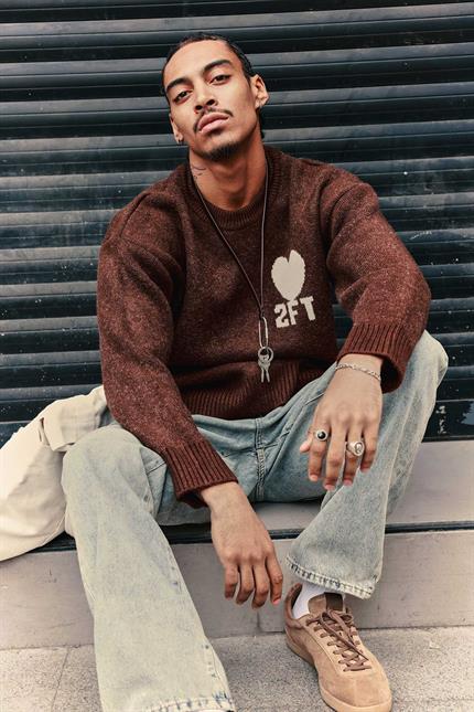 Erkek Desenli Oversize Triko Kazak Kahverengi