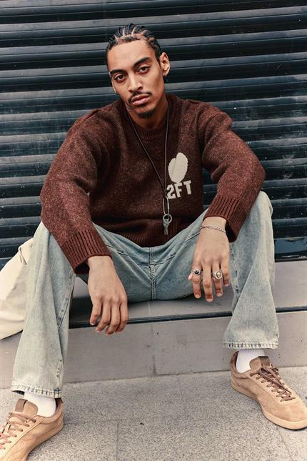 Erkek Desenli Oversize Triko Kazak Kahverengi