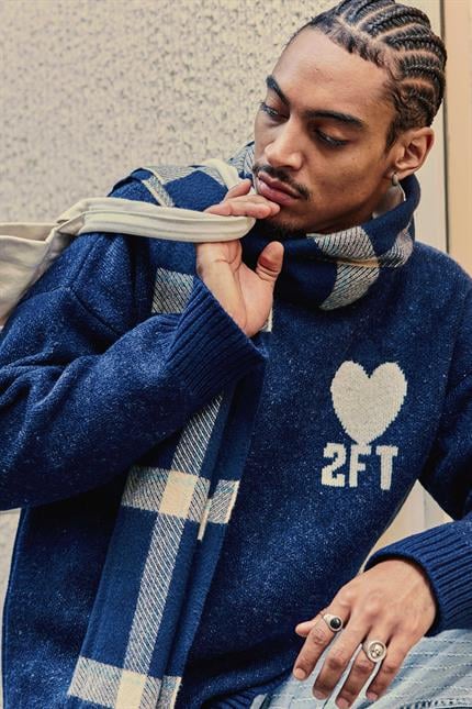 Erkek Desenli Oversize Triko Kazak Lacivert