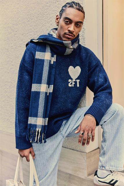 Erkek Desenli Oversize Triko Kazak Lacivert