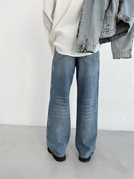 Erkek Desenli Super Baggy Jean Mavi