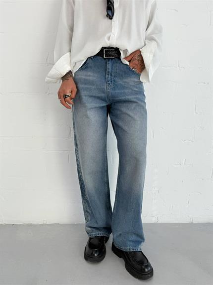 Erkek Desenli Super Baggy Jean Mavi