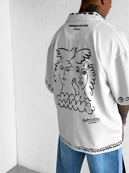 Erkek Desenli Süper Oversize Gömlek Ekru