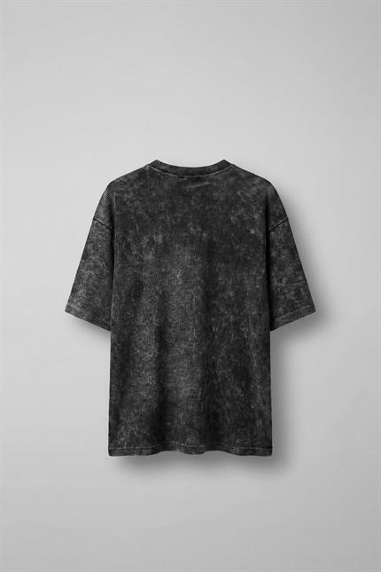 Erkek Desenli Waffle Kumaş Yıkamalı Oversize T-Shirt Siyah