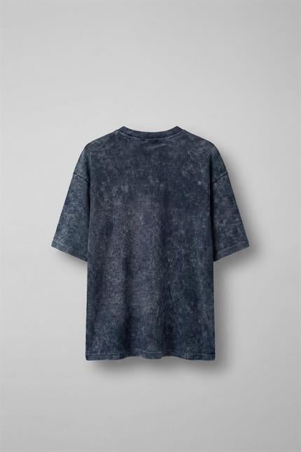 Erkek Desenli Waffle Kumaş Yıkamalı Oversize T-Shirt Mavi