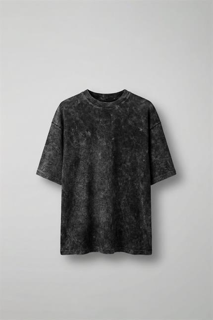 Erkek Desenli Waffle Kumaş Yıkamalı Oversize T-Shirt Siyah