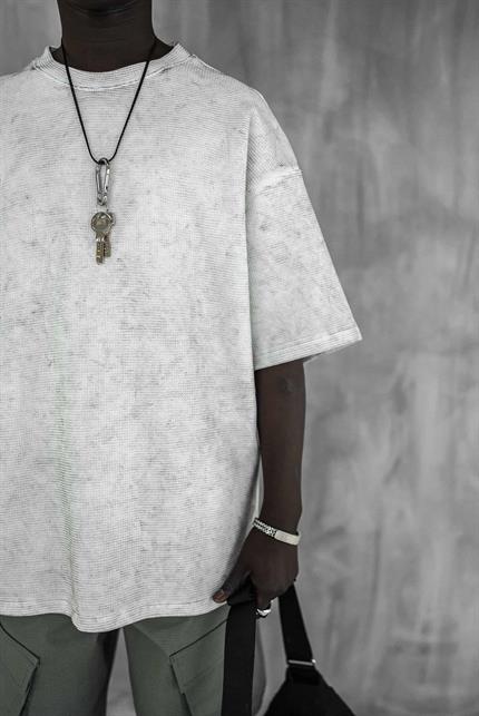 Erkek Desenli Waffle Kumaş Yıkamalı Oversize T-Shirt Ekru