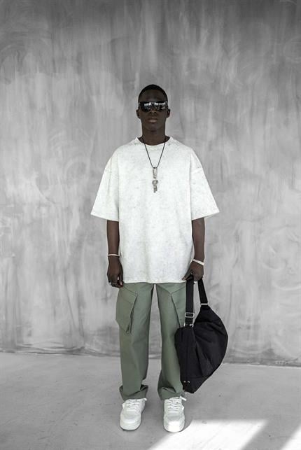 Erkek Desenli Waffle Kumaş Yıkamalı Oversize T-Shirt Ekru