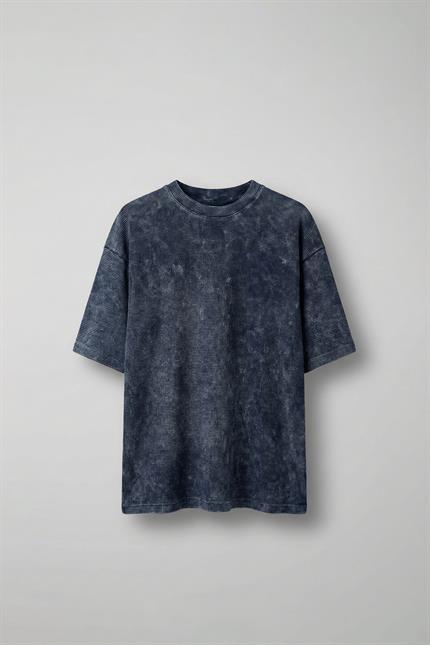 Erkek Desenli Waffle Kumaş Yıkamalı Oversize T-Shirt Mavi