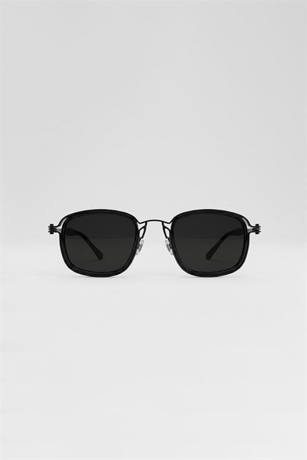 Erkek Dikdörtgen Asetat Çerçeveli Metal Detaylı Güneş Gözlüğü Siyah