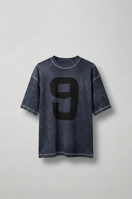 Erkek Dikiş Detaylı Waffle Kumaş Oversize T-Shirt Mavi