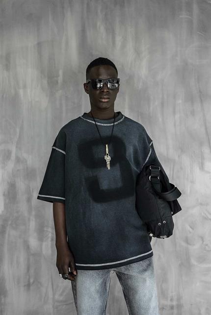 Erkek Dikiş Detaylı Waffle Kumaş Oversize T-Shirt Siyah