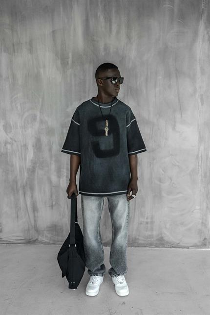 Erkek Dikiş Detaylı Waffle Kumaş Oversize T-Shirt Siyah