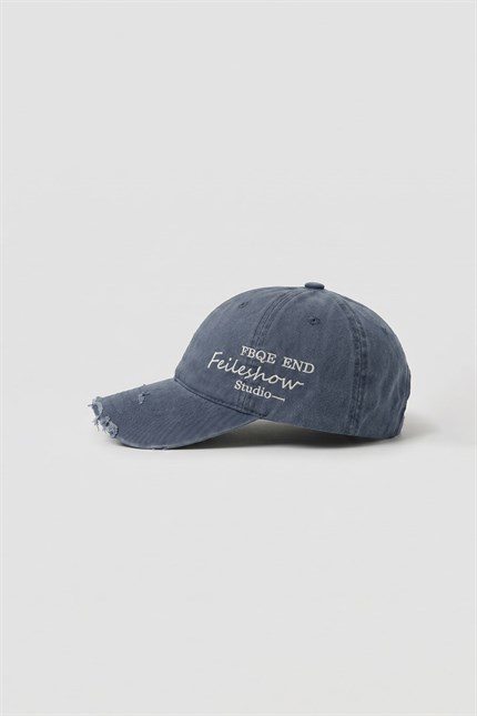 Erkek Distressed Nakışlı Yıkamalı Beyzbol Şapka Indigo