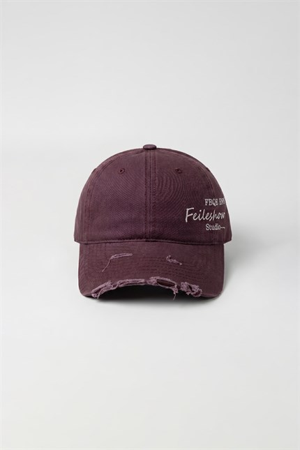 Erkek Distressed Nakışlı Yıkamalı Beyzbol Şapka Mürdüm