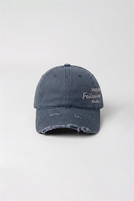 Erkek Distressed Nakışlı Yıkamalı Beyzbol Şapka Indigo