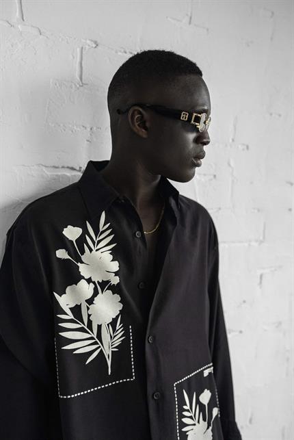 Erkek Dokulu Baskılı Oversize Rahat Gömlek Siyah