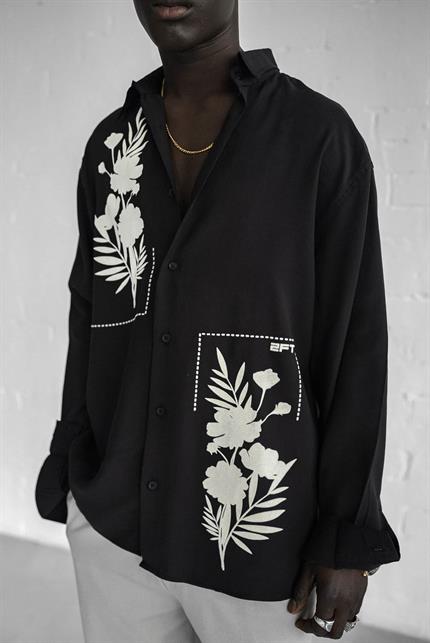 Erkek Dokulu Baskılı Oversize Rahat Gömlek Siyah