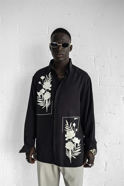 Erkek Dokulu Baskılı Oversize Rahat Gömlek Siyah