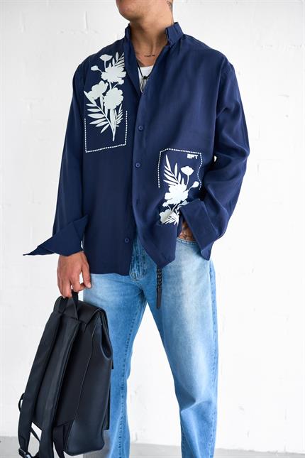 Erkek Dokulu Baskılı Oversize Rahat Gömlek Lacivert