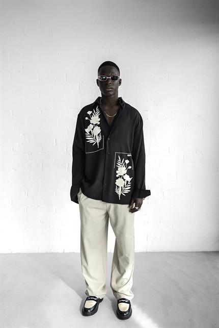 Erkek Dokulu Baskılı Oversize Rahat Gömlek Siyah