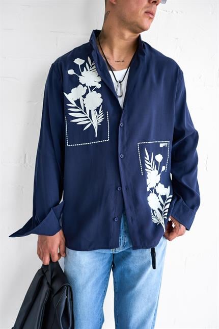 Erkek Dokulu Baskılı Oversize Rahat Gömlek Lacivert