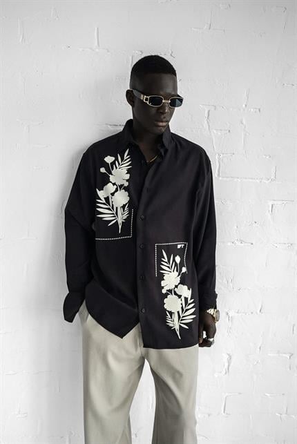 Erkek Dokulu Baskılı Oversize Rahat Gömlek Siyah